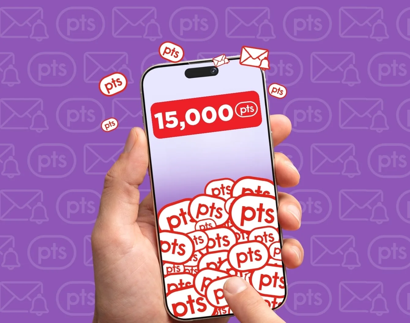 A hand holds up a smartphone containing "15,000 PC Optimum points" surrounded by red PC Optimum points pucks
